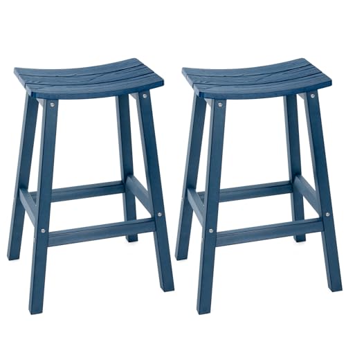 LAHAAP Weatherproof Bar Stools Set of 2, 28' Height Outdoor Bar Stools Holds up to 400 lbs, Saddle Seat, Bar Height Stools for Patio, Garden, and Kitchen Island, Blue