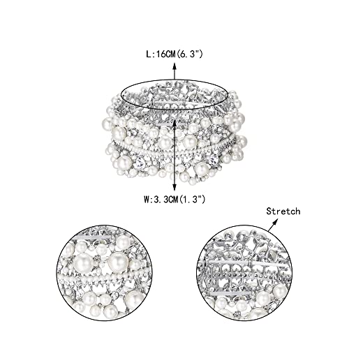 Ever Faith Austrian Crystal Simulated Pearl Bridal Flower Stretch Bracelet Clear Silver-Tone #TOP4