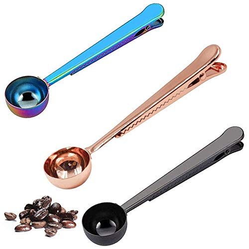 3 Piezas Cuchara Medidoras de Caf, Cuchara de Caf Acero Inoxidable, Clip de Cuchara de Caf, 2 En 1 Multifuncional Acero Inoxidable Cuchara Caf para Caf Molido, Frijoles (3 Colores)