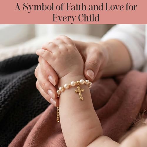 Image of Crystal Dream Christening 14KT Gold-Filled Beads | Cream European Simulated Pearls | Cross Charm Luxury Baby Bracelet | Baptism Unisex Child Bracelet