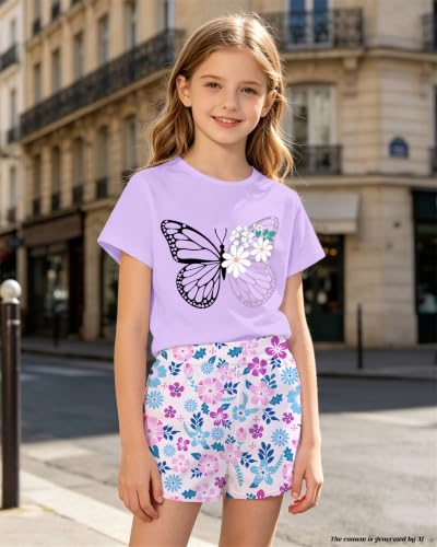 Image of Bestuline Girls Summer 2 Piece Outfits,Basic Short Sleeve Top & Shorts Set with Side Pockets,4-14Y