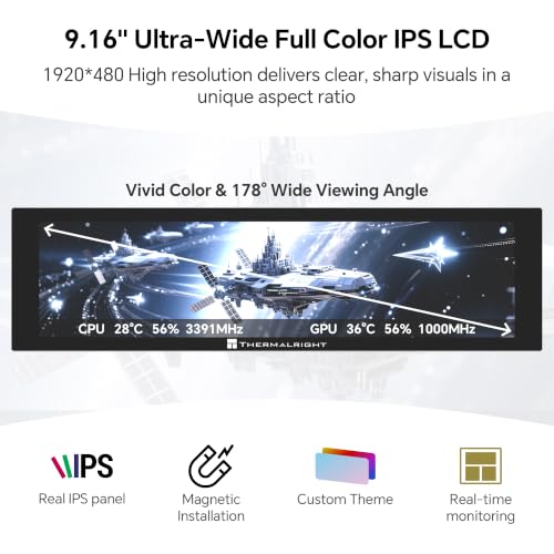 Image of TR Trofeo Vision 9.16in LCD PC Sensor Panel, 1920x480 USB-C, Black | 1920x480 display for real-time CPU, GPU, RAM and FPS stats, GIF playback and clean desktop PC case builds