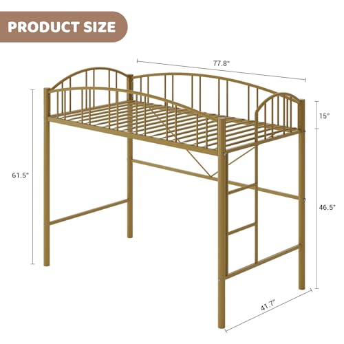 Loft Bed Twin Size with Stairs and Arched Guardrail, Sturdy Metal Slats Support, Space Saving, Noise Free, No Box Spring Needed, Ideal for Kid Room and Dorm, Gold