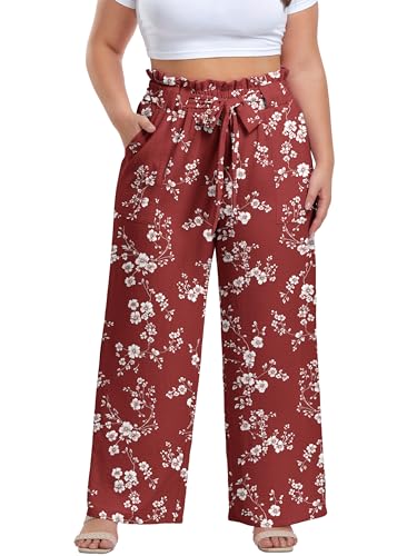 Image of OLRIK Women's Plus Size Pants Adjustable High Waisted Wide Leg Palazzo Pants Casual Trousers with Pockets Spring Clothes
