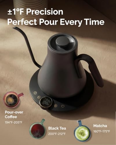 Image of INTASTING Gooseneck Electric Kettle with Precise ±1℉ Temperature Control, Wood-Accented Handle, Stainless Steel Interior, Quick Heating Pour Over Kettle for Coffee & Tea, 0.9L, Matte Grey