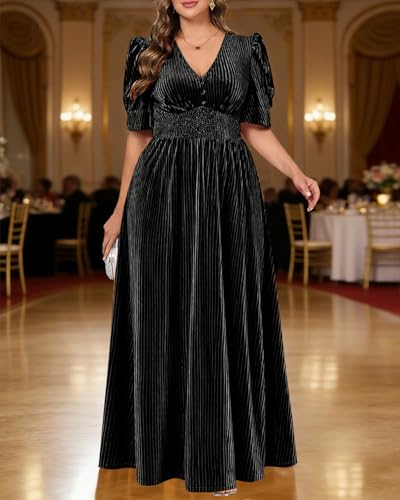 Image of Pinup Fashion Velvet Wedding Guest Dress - Fall Formal Holiday V Neck Empire Waist Long Dresses