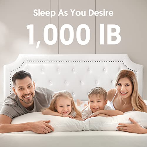 Bonsoir Queen Size Storage Bed Frame Upholstered Low Profile Traditional Platform With Tufted And Nail Headboard/4 Pull Out Drawers/White Faux Leather #TOP4