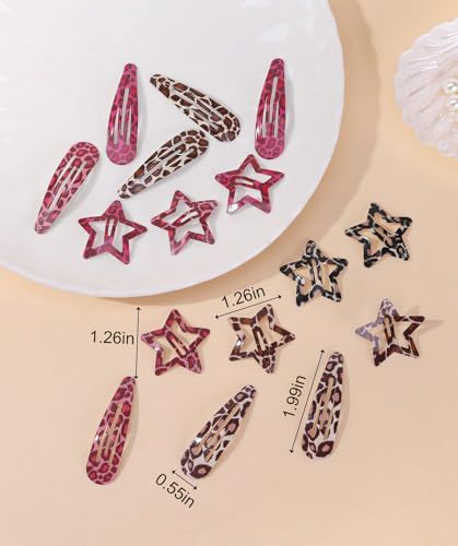 Metal Snap Hair Clips,8 Pairs Hair Barrettes for Women - Star & Water Drop Hair Barrettes, Non-Slip Y2K Accessories for Thin Thick Hair,Pink and Brown Leopard Print - Thumbnail 4