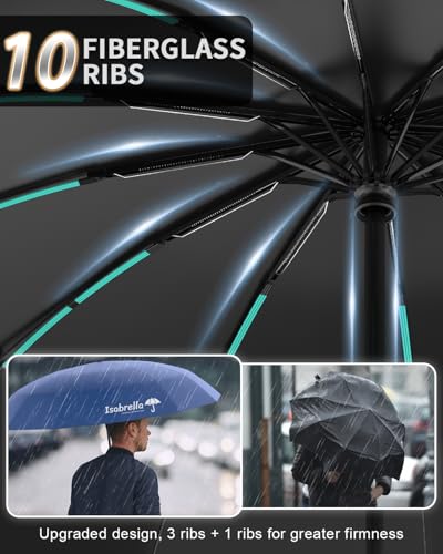 Image of ISABRELLA Big Umbrella for Women - 10-Rib Folding Umbrella with UV Protection, Black Coating, Wind & Rain Resistant, Safe Close Design, Durable, Lightweight, and Compact for Travel