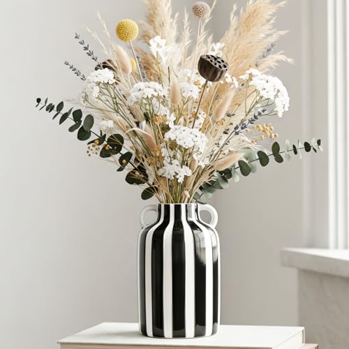 Ceramic Striped Flower Vase with Handles, 6.5" Decorative Modern Vase for Home Decor,Minimalist Hand-Painted Checkered for Shelf,Tabletop,Mantel,Farmhouse Centerpiece (Black)