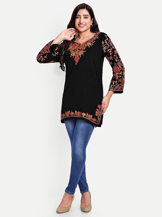 Image of HAUTEMODA Women Woollen Short Kashmiri Embroidery Phiran Kurta