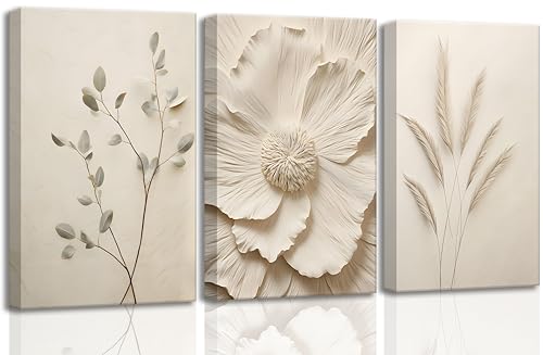 3Pcs Neutral Beige Floral Plant Canvas Wall art Textured Flower