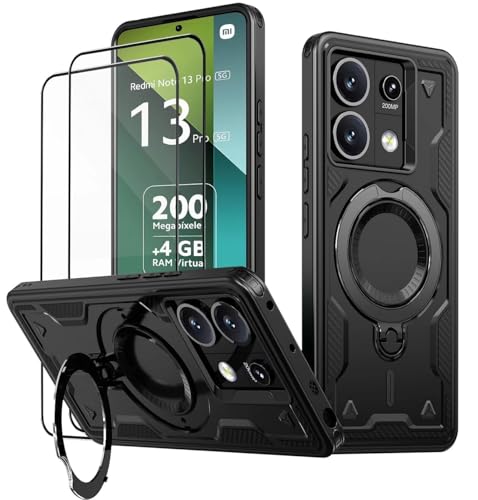 KANSi Funda para Xiaomi Poco X6 5G / Redmi Note 13 Pro 5G (No para 4G) con Cristal Templado*2, Anti Golpes Carcasa Protectora Resistente con Anillo Soporte Giratorio - Capa Negro