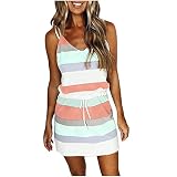 DOLKFU Dresses for Women 2023 Spaghetti Strap Pleated Pockets Beach Dress V-Neck Tie Waist Casual Va