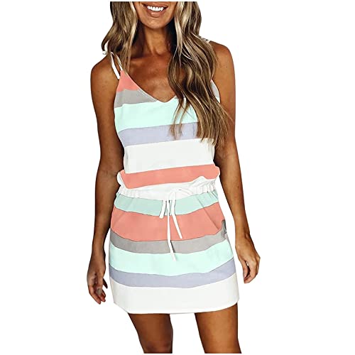 Dolkfu Dresses For Women 2023 Spaghetti Strap Pleated Pockets Beach Dress V-Neck Tie Waist Casual Vacation Short Dresses #TOP24