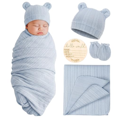 Image of AQOKKA Newborn Receiving Blanket with Bow Hat Mittens Set Nursery Swaddle Wrap Toddler Swaddles for Newborn Baby Boy Girl