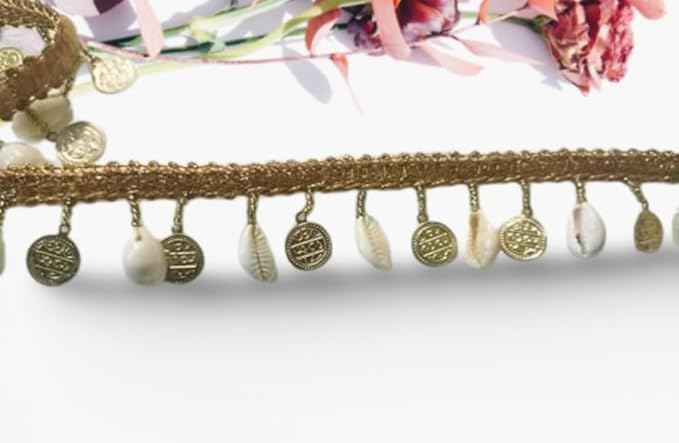 Lacesnmore lace Golden Coin cowri Hanging latkan Frill Jhalar Natural White latkan for Blouse Dresses Saree Dupatta Fringe Style lace Border Ribbon Multi Purpose DIY Accessory 3meter Pack 1