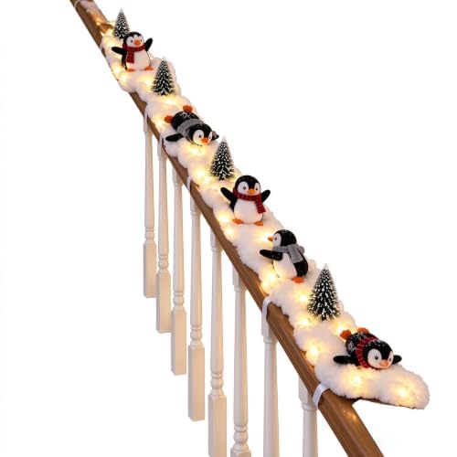 Penguin Christmas Stair Garland, Pre-Lit Snow Decor for Banister