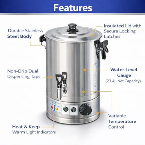 Image of 2000W Electric Water Boiler with 30L Gross 23.4L Net Heating Capacity | Stainless Steel Commercial Heating Machine for Hotel, Restaurant, & Canteens | Tea Coffee Milk Dispenser