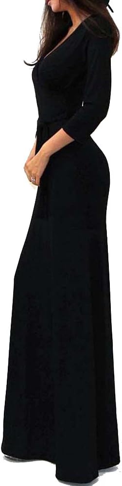 Vivicastle Women's USA Solid V-Neck 3/4 Sleeve Faux Wrap Waist Long Maxi Dress - Image 2