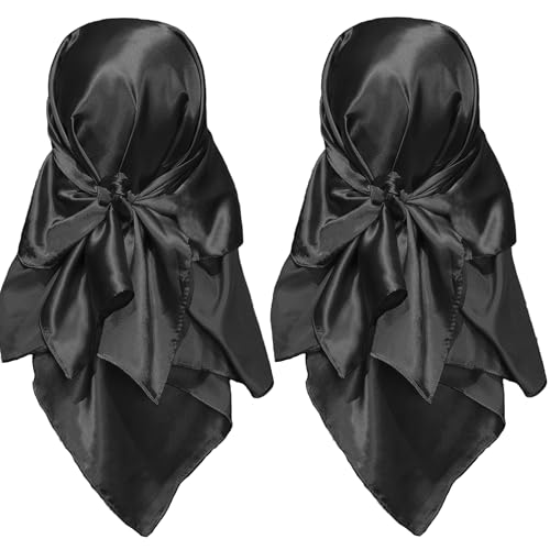 woogwin 2 Pack 35" Satin Silk Like Hair Scarf Bandana Light Head Wraps Neck Face Scarves Cover for Women, 2pcs Black+black, L