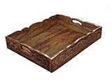 Hand Carved Wooden Serving Tray - Decorative Breakfast Tray with Handles - Rustic Wooden Food Tray with Intricate Detail - Unique Furnishing Accent - Natural Finish - 17 x 13 x 2.5 Inch - COTTON CRAFT