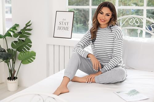 Bresdk Pyjama Damen Lang Baumwolle Frauen Nachtwäsche Baumwolle Schlafanzug mit Bündchen Grau XS 5