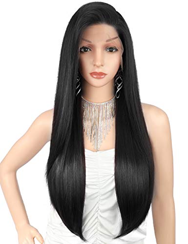 Kalyss 4x4" Free Parting Double Lace Front Wigs for Women Heat Resistant 26“ Long Straight Black Synthetic Lace Frontal Wig