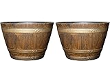 Classic Home and Garden Whiskey Plastic Resin Flower Pot Barrel Planter, 15", Oak Brown (2 Pack)