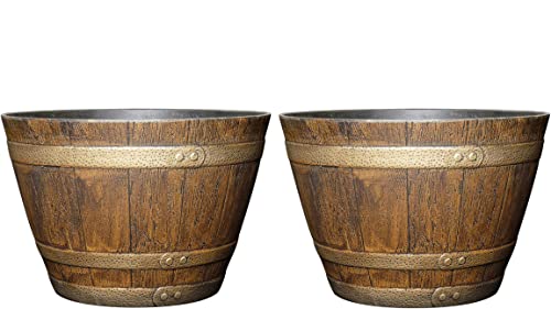 Classic Home and Garden Outdoor Round Whiskey Resin Flower Pot Barrel Planter, Distressed Oak Brown, 15