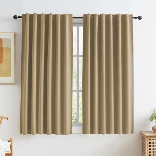 KEQIAOSUOCAI Burlap Linen Blackout Curtains 63 Inches Long, Back Tab Rod Pocket Hook Belt Natural Farmhouse Rustic Curtain Panels for Bedroom, 2 Panels,Camel, W50 x L63