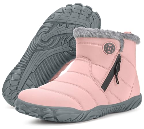 Image of Hsyooes Mens Womens Barefoot Boots Winter Shoes Snow Boots Wide Width Outdoor Slip on Sneakers Warm Fur Lined Ankle Booties with Zip,40 Light Pink