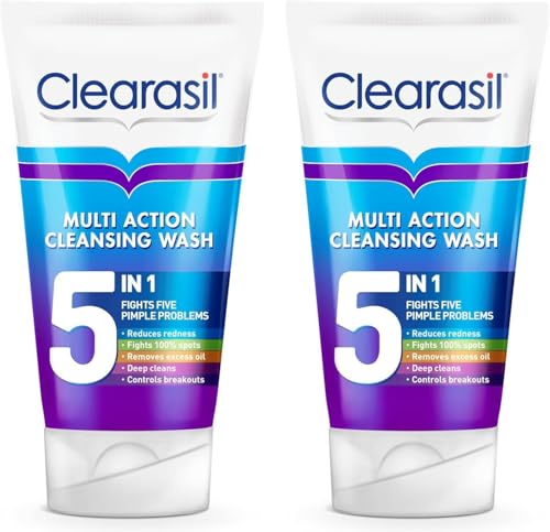 Image of Clearasil 5-In-1 Face Wash 150ml Pack of 2 | Cleanser for Acne, Blackheads, Anti-Redness, Spot Treatment | Reduces Pimples, Clears Skin | Deep Cleanser for Blemish-Prone Oily Sensitive