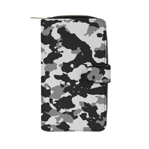 Nugier Women Soft PU Leather Wallet, Zipper Card Case Clutch Credit Bills Money Crash Coin 7.8x4.3x1.4 in Holder Purse Print Seamless Camo Black Gray and White Camouflage Pattern