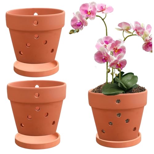 3 piezas de orquídeas con agujeros de orquídea de 5 pulgadas con agujeros y platillos, maceta de orquídea de cerámica para reabastecimiento, maceta de orquídeas, macetas de flores de plantas para i