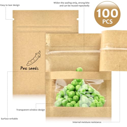 100 Pcs Small Resealable Seed Envelopes, Mini Zip Lock Kraft Bags with Window, 2.7