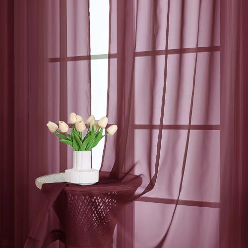 Image of Burgundy Sheer Curtains 63 Inches Long 2 Panels Set, Light Filtering Sheer Curtains for Living Room Bedroom 59 Inch Extra Wide, Modern Voile Filmy Rod Pocket Window Drapes, 59Wx63L Inches
