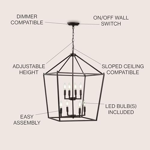 Image of JONATHAN Y Pagoda 8-Light Pendant 20 inch Cage, Oil Rubbed Bronze | Traditional Metal Farmhouse Hanging Lantern Ceiling Fixture, Adjustable Chain Link, For Kitchen Island, LED Bulb Included