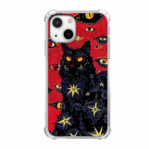 Tobelint Case for iPhone 14 with Hippie Art Design,Trippy Cute Cool Black Cat Pattern for Men Women,Clear Slim Soft TPU Bumper Case,6.1”(Cat,14)