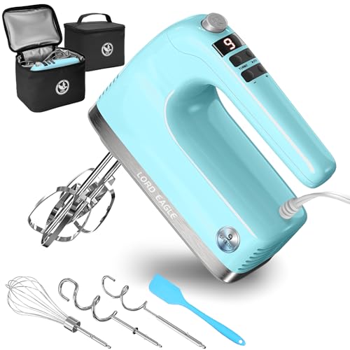 Image of Lord Eagle 9-Speed Digital Hand Mixer Electric Handheld, 500W DC Motor Kitchen Mixer for Cake Baking, Lightweight Egg Beaters with Stain-resistant & Waterproof Storage Bag & 6 Accessories, Blue