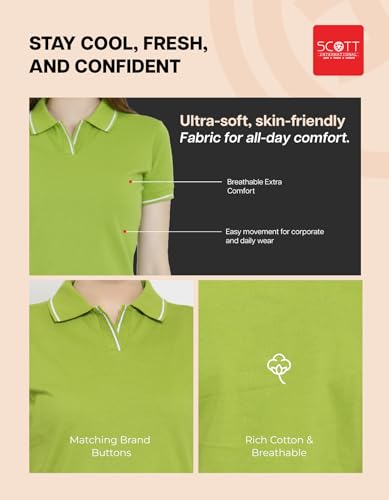 Image of Scott International Women's Cotton Polo T-Shirt | Half Sleeve Plain Collar Tee | Stylish Casual Top | Plain T-Shirt for Girls | Workwear for Office & Casual Wear
