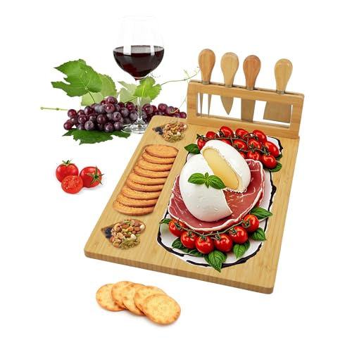 Tabla de Quesos y Set de 4 Cuchillos - Personalizado Tabla para Quesos y Aperitivos, Tabla Embutidos de bambú para Picoteo en Casa, Inauguración, Navidad, Bodas, Cumpleaños, Aniversarios