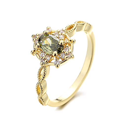 Gold Plated 925 Sterling Silver Vintage Court Style Ring for Her, Gemstone Birthstone Green Peridot CZ Ring Dainty Promise Rings for Women