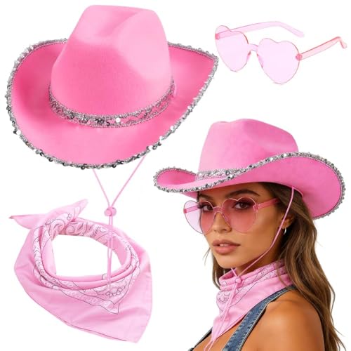 FCXVXCL Cowboy Hut Set für Damen Cowboyhut Zubehör Set Cowgirl Accessoires mit Sonnenbrille und Halstuch Breite Krempe Kostüm Accessoires für Halloween Karneval Cosplay