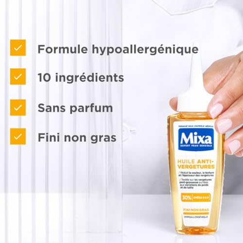 Mixa - Huile Anti-Vergetures - 30% d’Omégas 6 & 9 - Réduit la Couleur, la Texture et l’Épaisseur des Vergetures Post-Grossesse ou Variations de Poids et de Taille - 100 ml – Image 6