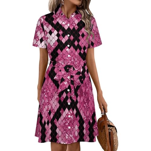 KAOEOSI Pinks Glitter Snake Print Women's Short Sleeve Collared Shirt Dress Summer Button Down A Line Dresses 3XL