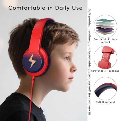 Image of Candy Bila Kids Headphones, Wired Headphones for Kids Over Ear with Microphone, 85 /94dB Volume Headphone for Girls Boys, Foldable Headphone for Learning & Entertainment, Gradient red to Dark Blue