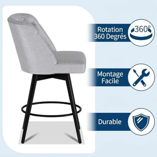 ARISTCY Swivel Bar Stools Set of 2, Counter Height Kitchen Island Stools with Backs, 360° Rotation & Performance Fabric, Quick Assembly — view 4