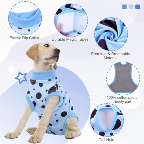 Image of Kuoser Dog Surgery Suit, Soft Dog Spay Recovery Suit Female, Anti Licking Neuter Recovery Suit for Male Dogs, Post-Op Pet Surgical Suit Protective Wear E-Collar & Cone Alternative,Blue Polka Dots S