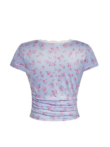 Image of RoseSeek Girl's Ditsy Floral Print Lace T Shirt Short Sleeve Ribbed Ruched Cute Tee Shirts Summer Tops